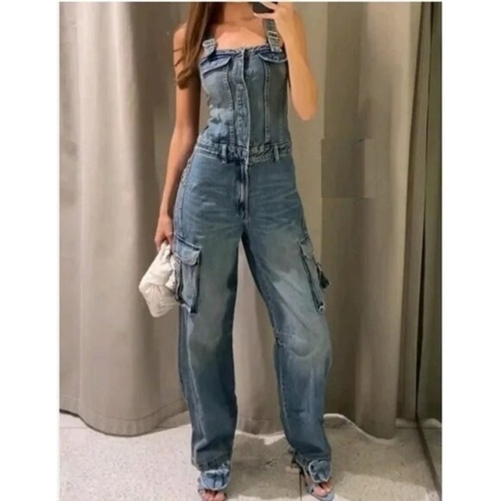 ZARA Women's Denim Cargo Jumpsuit Blogger’s Favorite Overalls Grunge Y2K